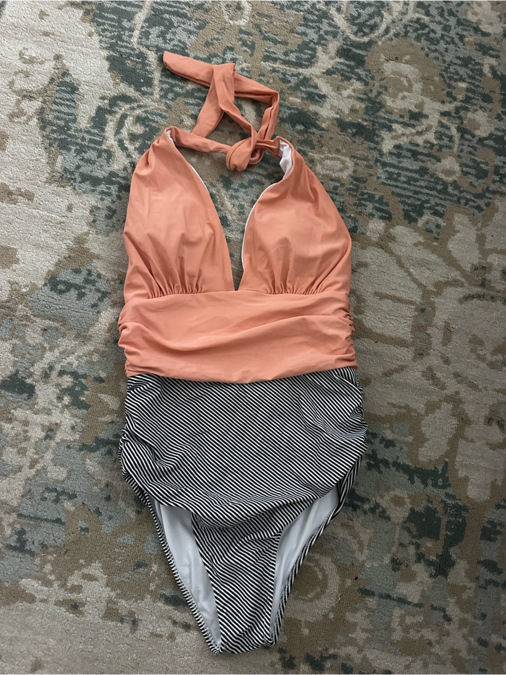 Cupshe Black & White Striped and Peach One-Piece Swimsuit